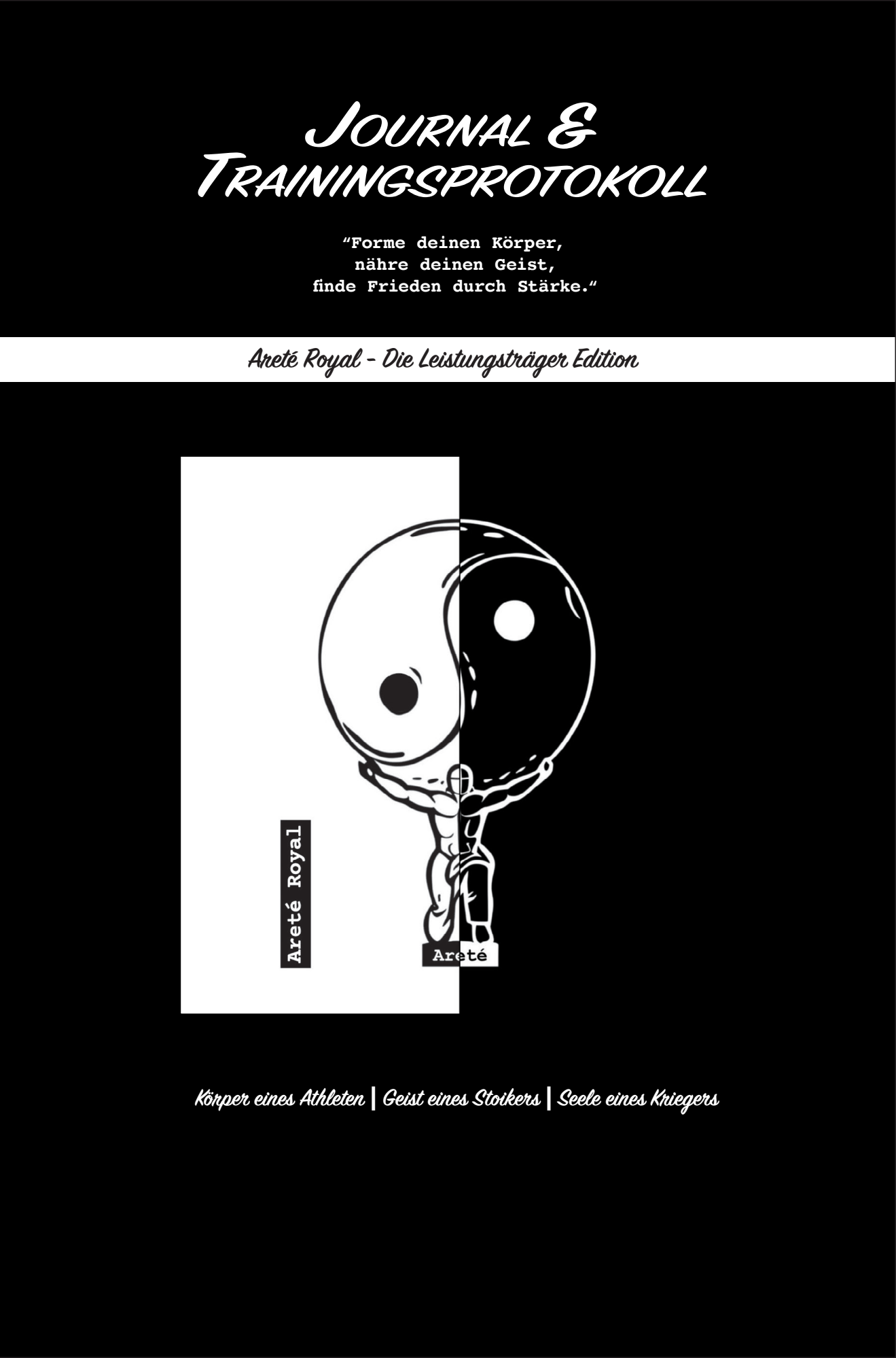 Schwarzes Cover des Areté Royal Journals mit Atlas und Yin-Yang-Motiv