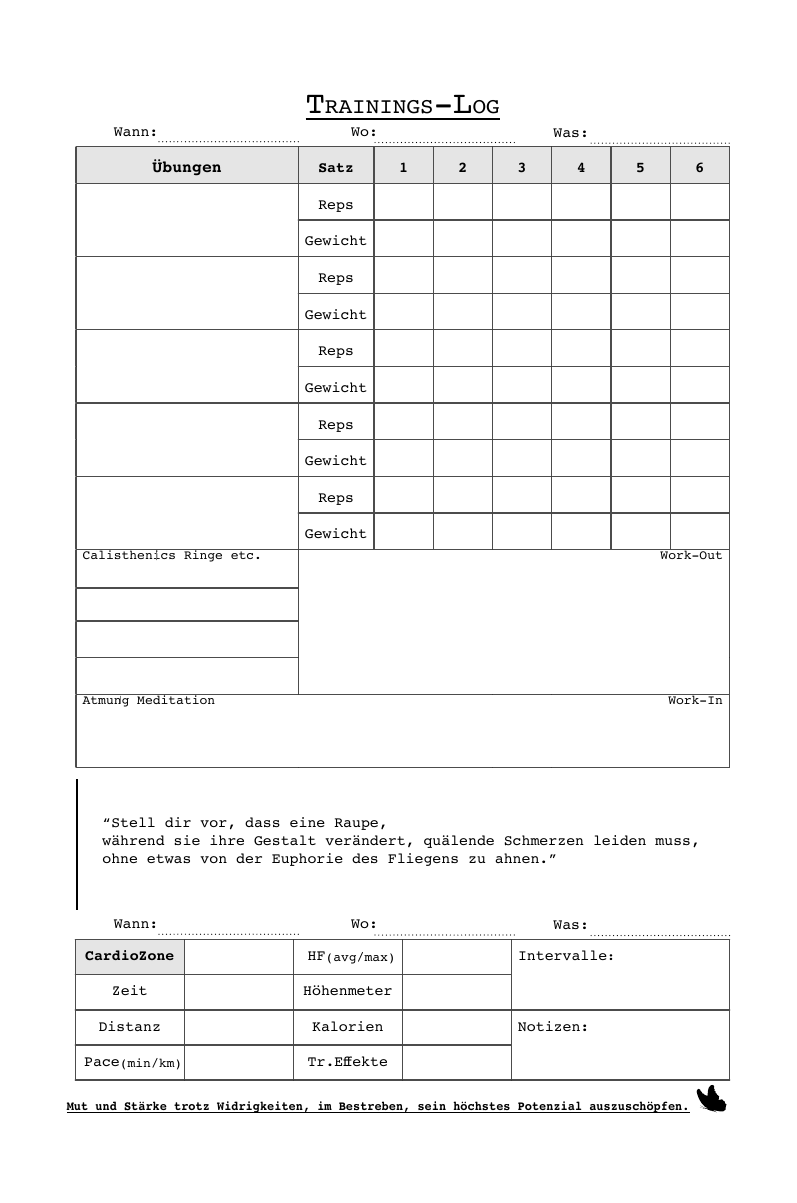 Trainings-Log mit Übungen, Wiederholungen und Leistungsdaten